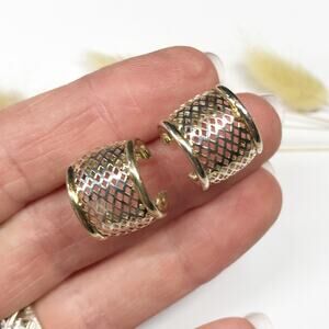 Signed Sterling Silver Gold Plated Openwork Woven Mesh Wide Chunky Hoop Earrings